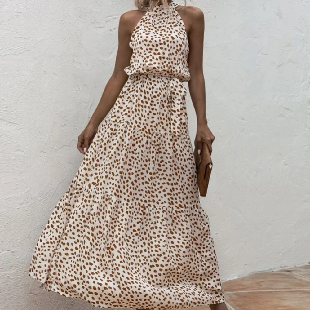 Boho cream brown  halter dot belted maxi dress